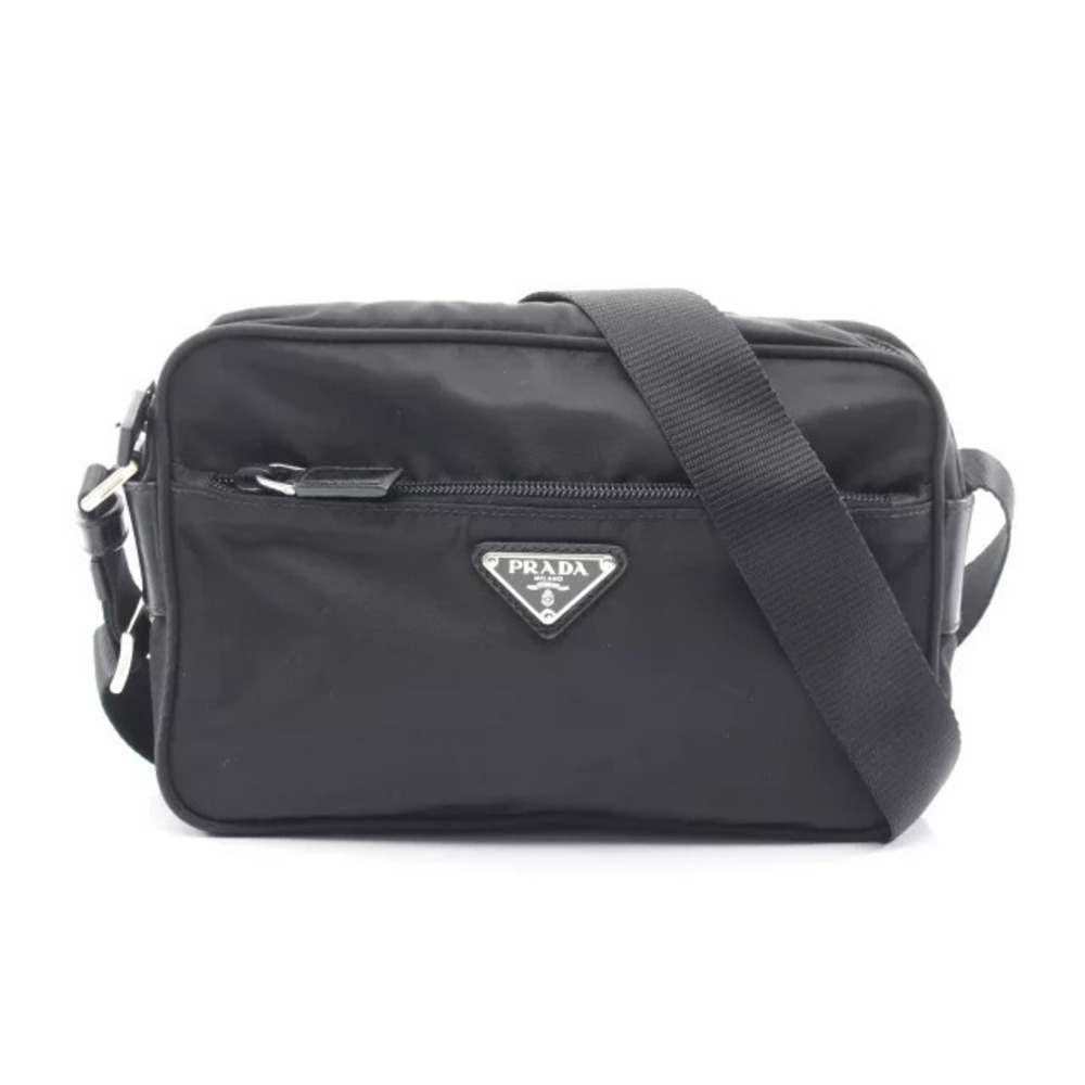 Prada Triangle Plate Shoulder Bag Leather Black